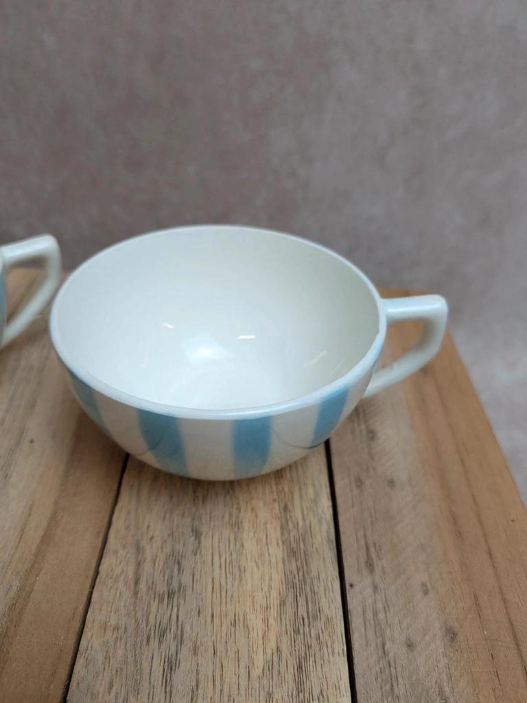 Lot de 6 tasses Terre de Fer Digoin France rayures bleues vintage