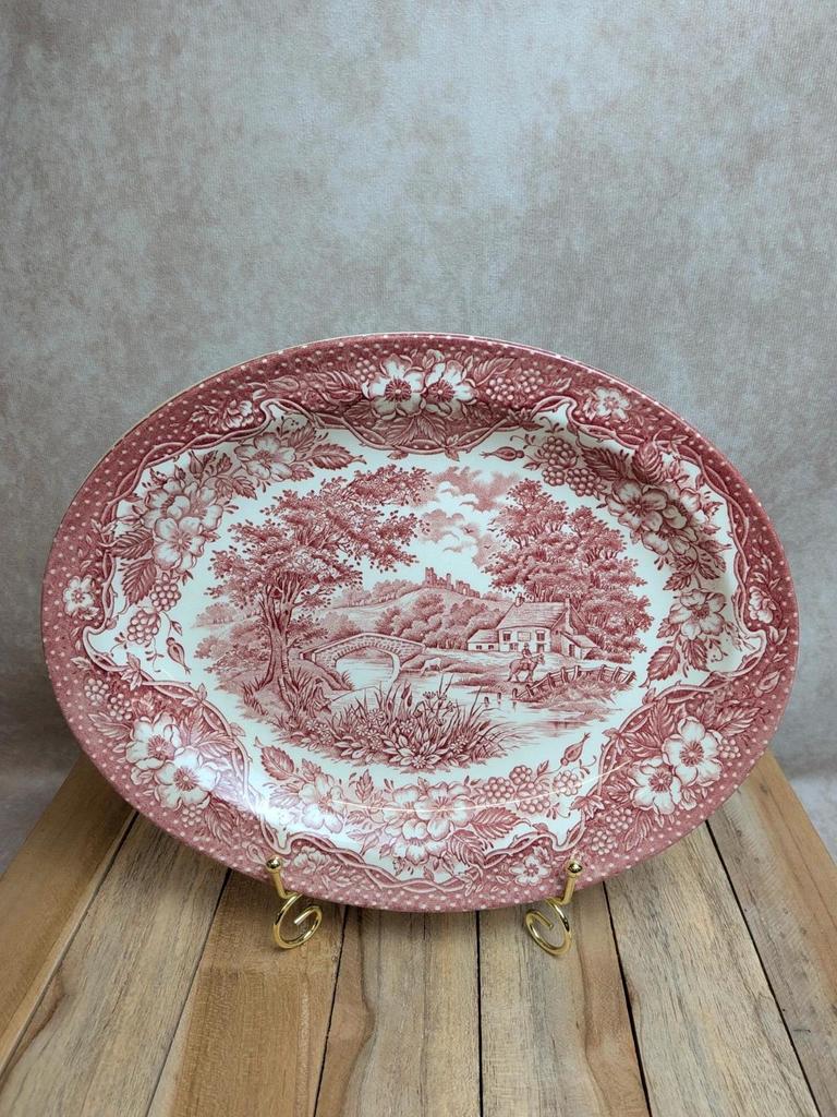 Plat ovale terre de fer anglaise toile de Jouy rouge