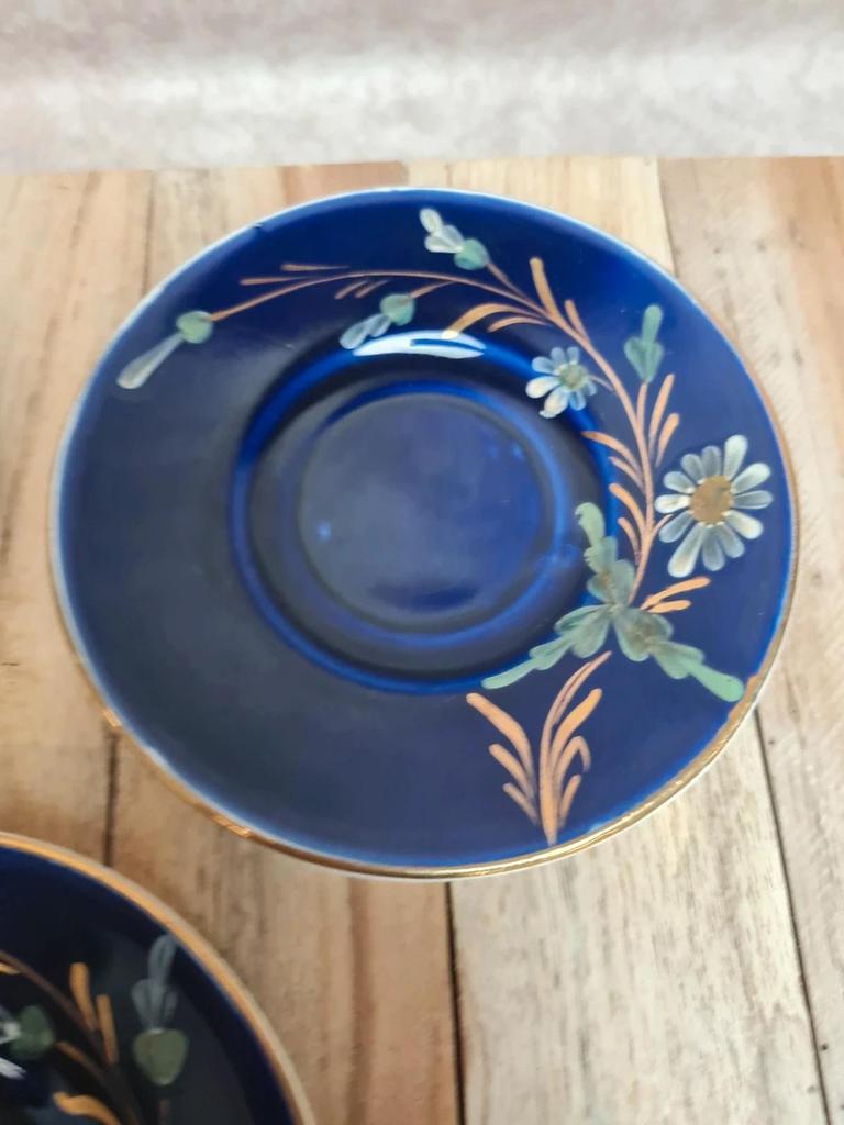 Service café vintage Digoin Sarreguemines bleu cobalt – 3 tasses + 3 soucoupes fleuries 🌼