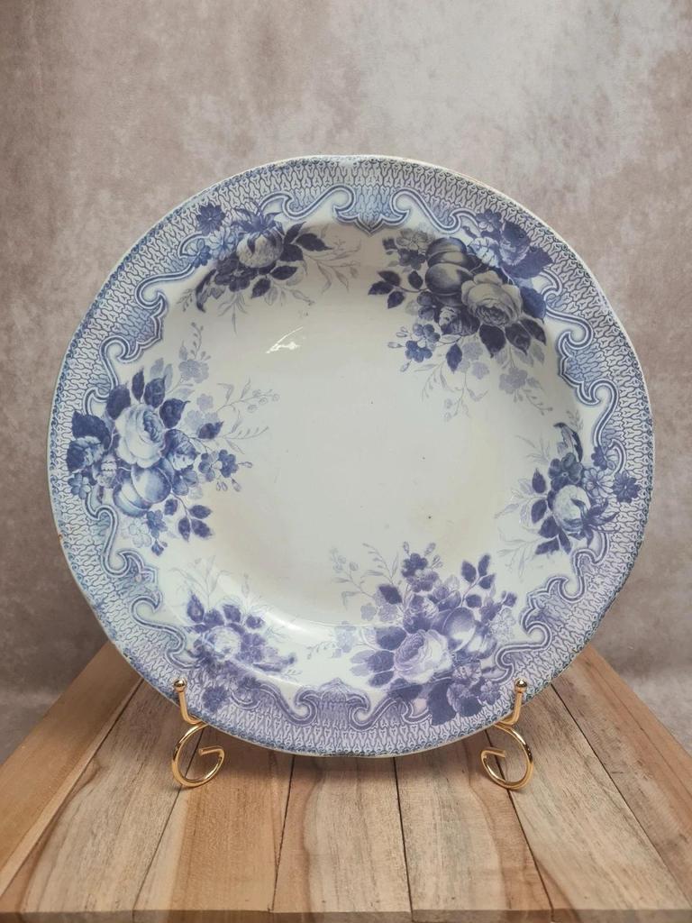 Plat creux Terre de fer Creil et Montereau modèle Bouquet 🌿 décor floral bleu