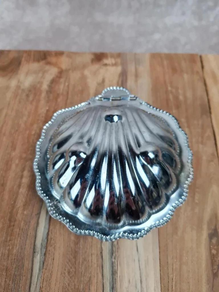 🌊 Beurrier vintage coquille en verre bleu et métal argenté