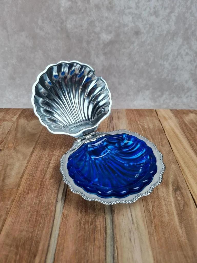 🌊 Beurrier vintage coquille en verre bleu et métal argenté