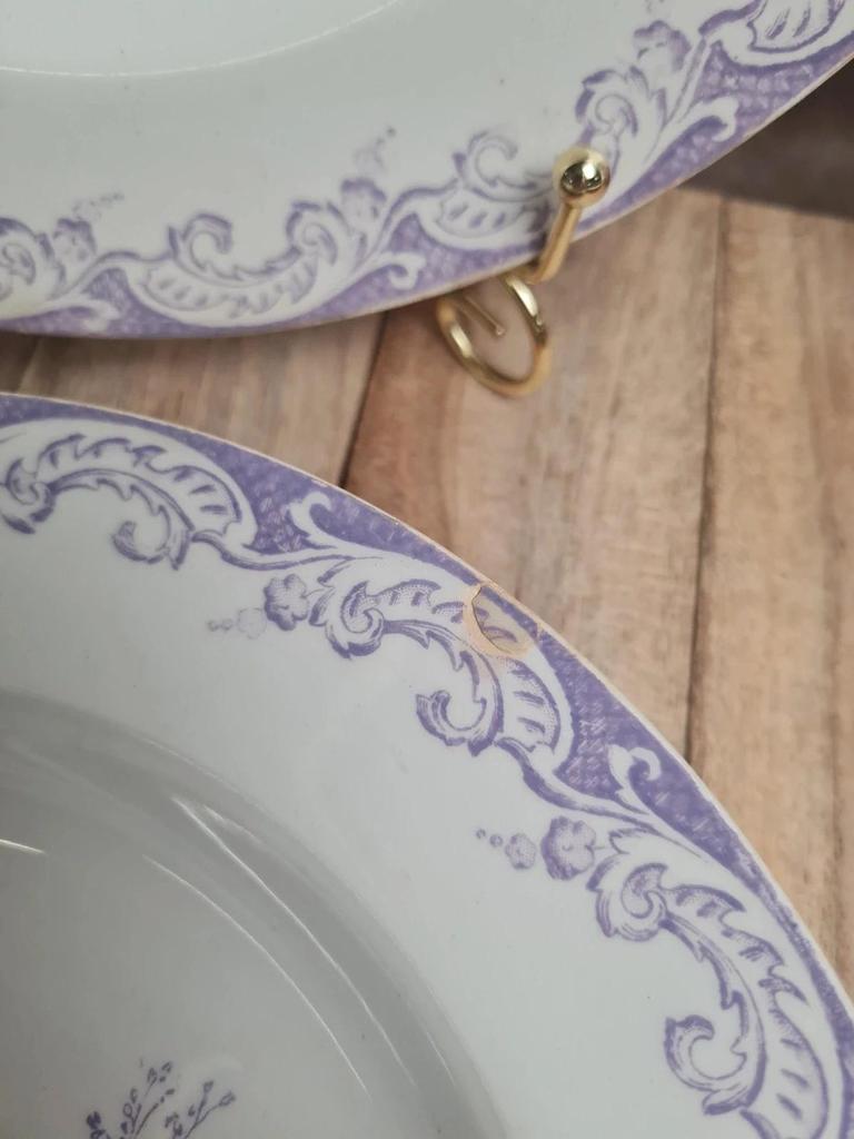Lot 5 assiettes creuses Terre de Fer Creil & Montereau Service Louis Xv lilas rare