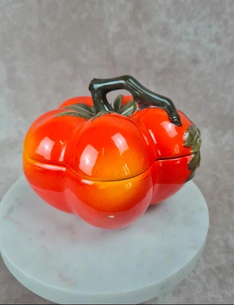 Boîte céramique vintage Mancioli – forme tomate / Citrouille – faïence italienne années 60