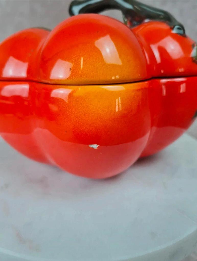 Boîte céramique vintage Mancioli – forme tomate / Citrouille – faïence italienne années 60