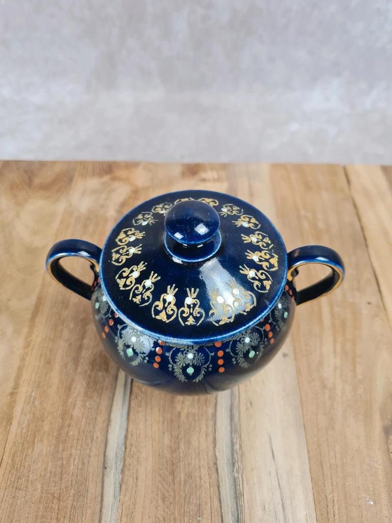 Bonbonnière ancienne en faïence bleu cobalt dorée – fin Xixe / début Xxe