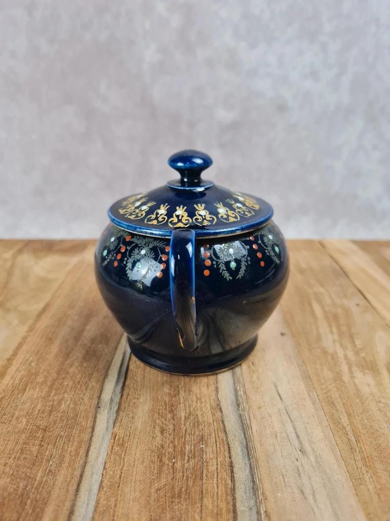 Bonbonnière ancienne en faïence bleu cobalt dorée – fin Xixe / début Xxe