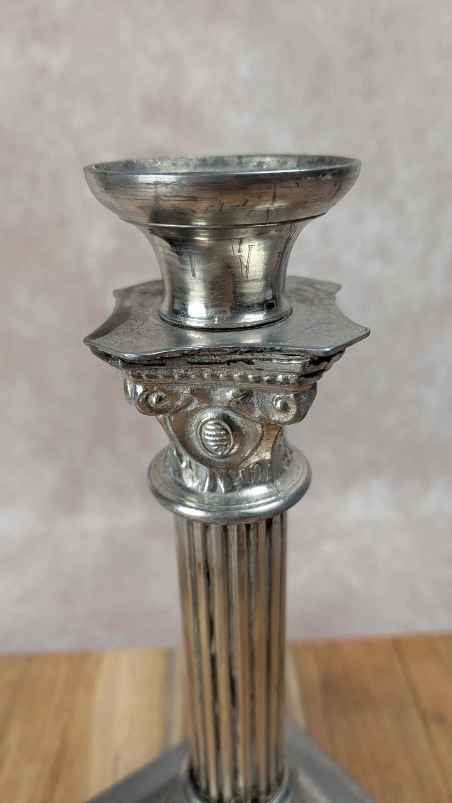 Bougeoir colonne métal argenté – Style corinthien