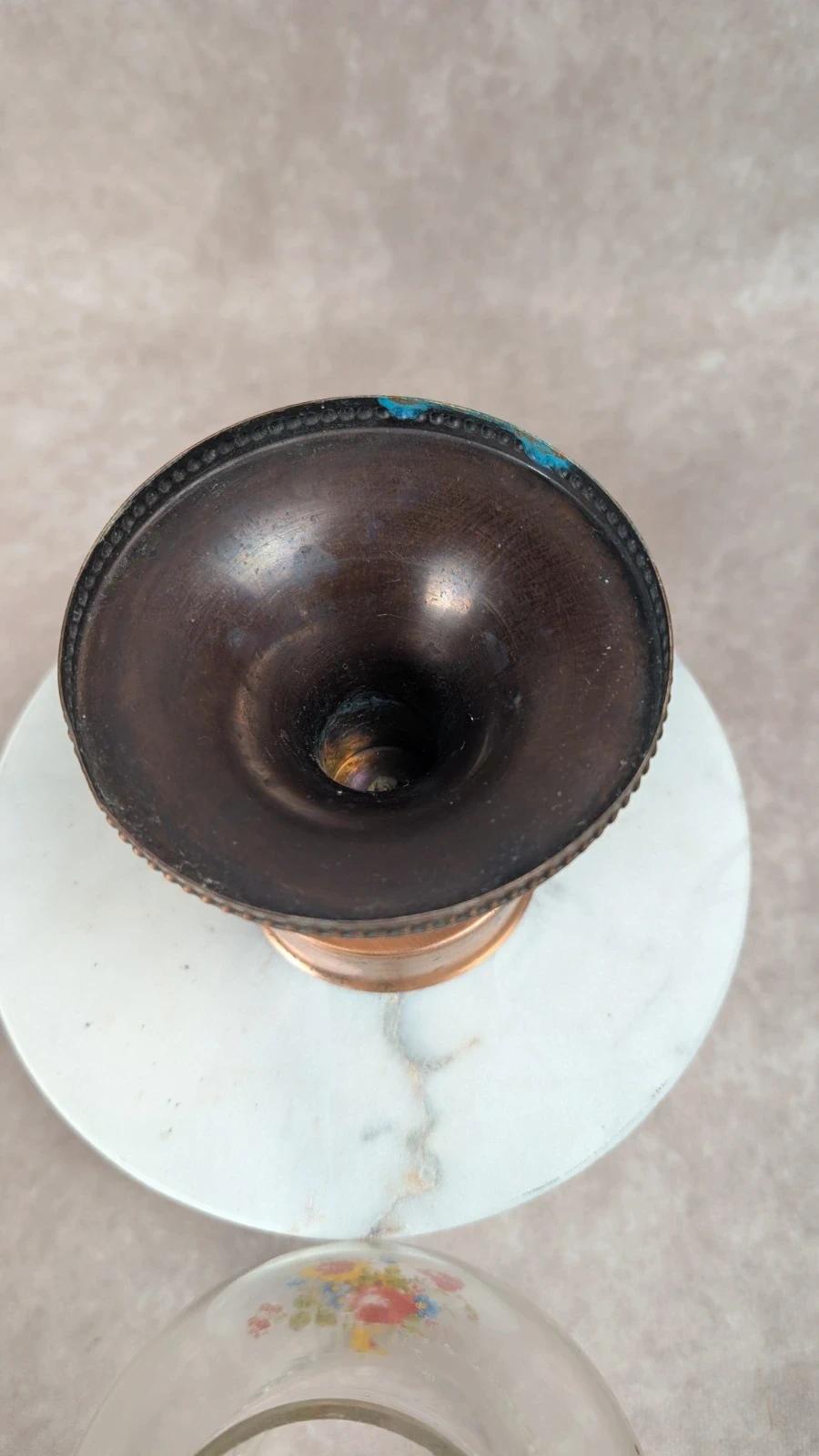 Bougeoir vintage en cuivre et verre fleuri
