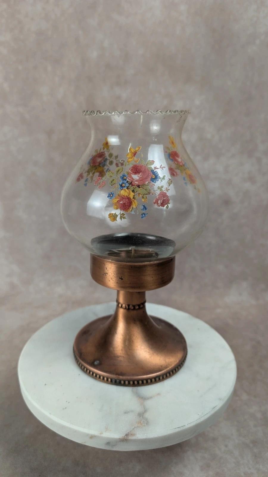 Bougeoir vintage en cuivre et verre fleuri