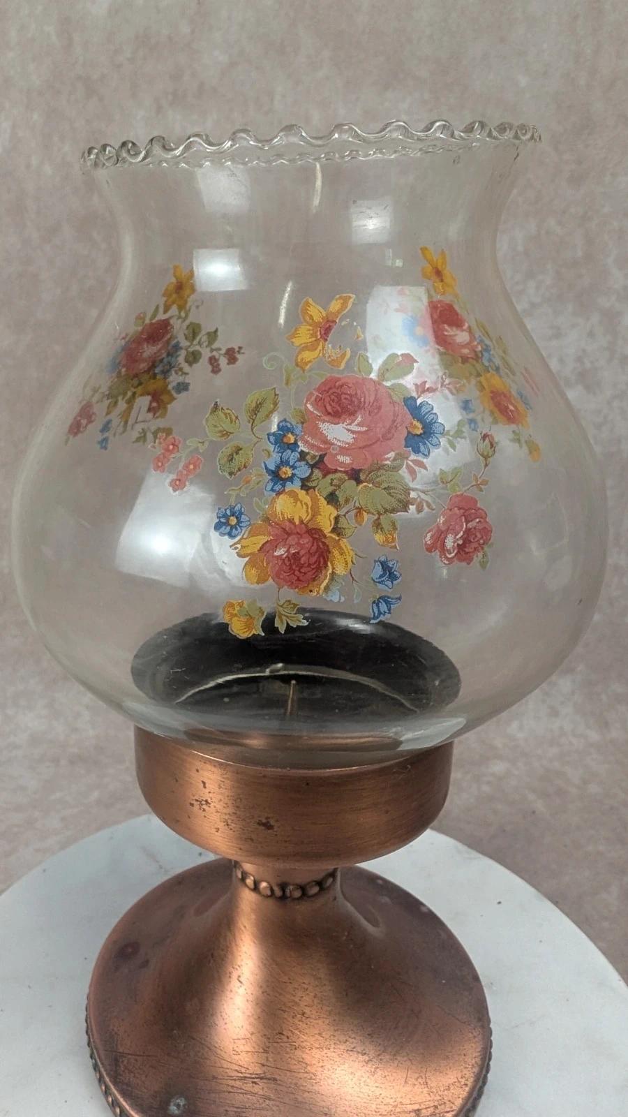 Bougeoir vintage en cuivre et verre fleuri