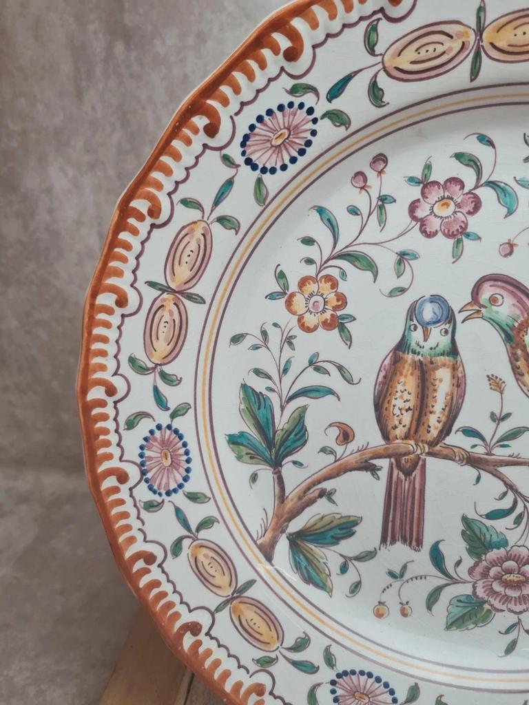 Grand plat vintage décor oiseaux – signé Outeiro 🌸