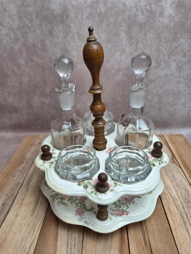 Serviteur ancien à huile, vinaigre & condiments Salins – terre de fer & verre – décor floral