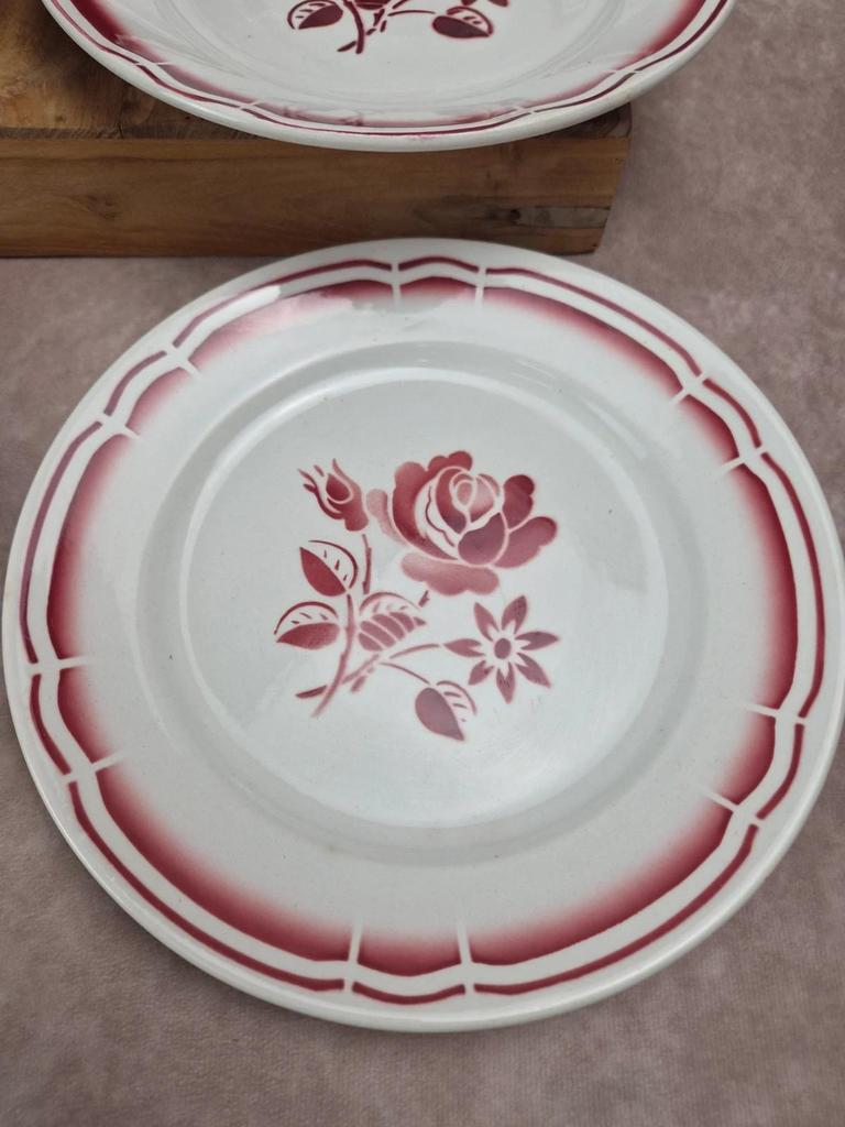 Lot de 6 assiettes plates anciennes Badonviller Fb – roses bordeaux
