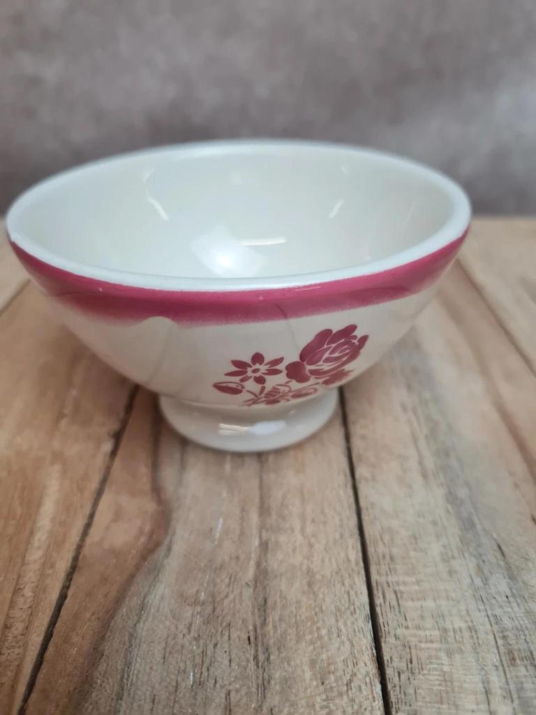 Petit bol ancien de dinette en faïence 🌸 décor floral rose – charme rétro