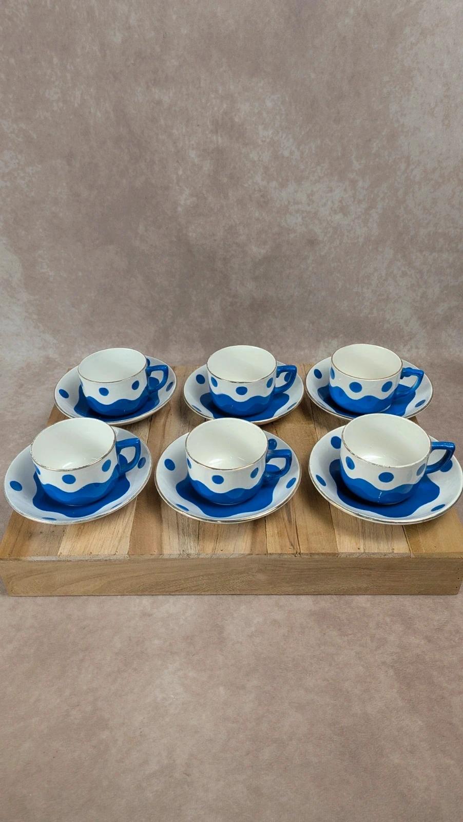 Lot de 6 tasses & soucoupes Sarreguemines – Art déco bleu