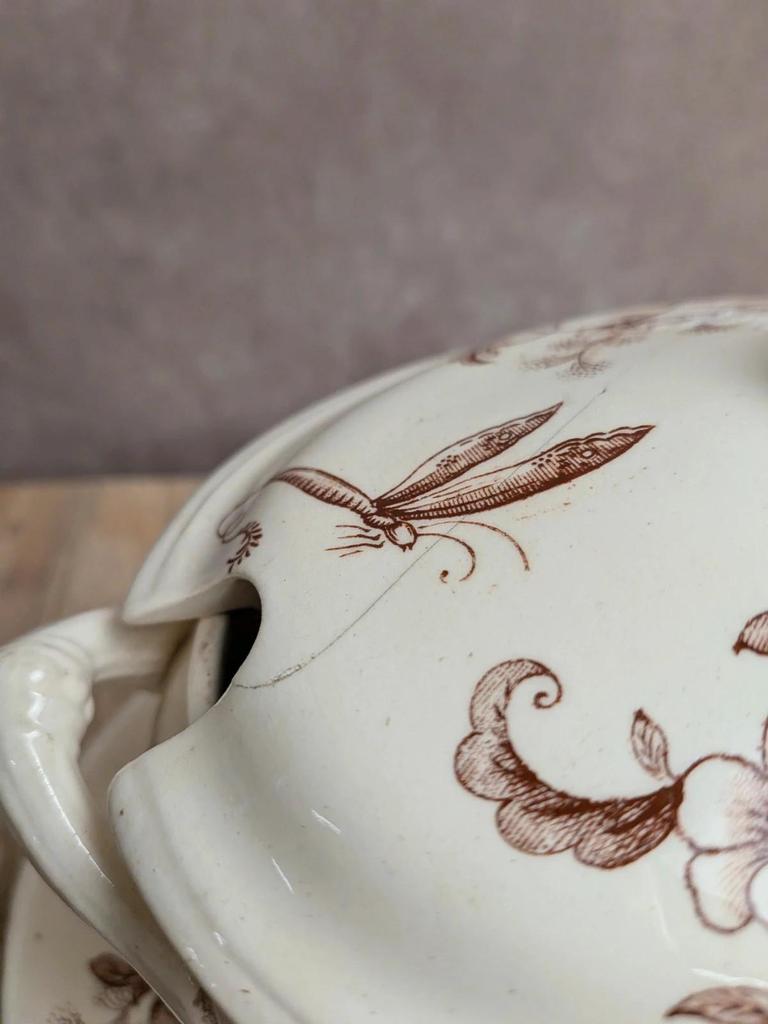 Saucière ancienne en terre de fer Salins – Décor libellule sépia – Avec couvercle