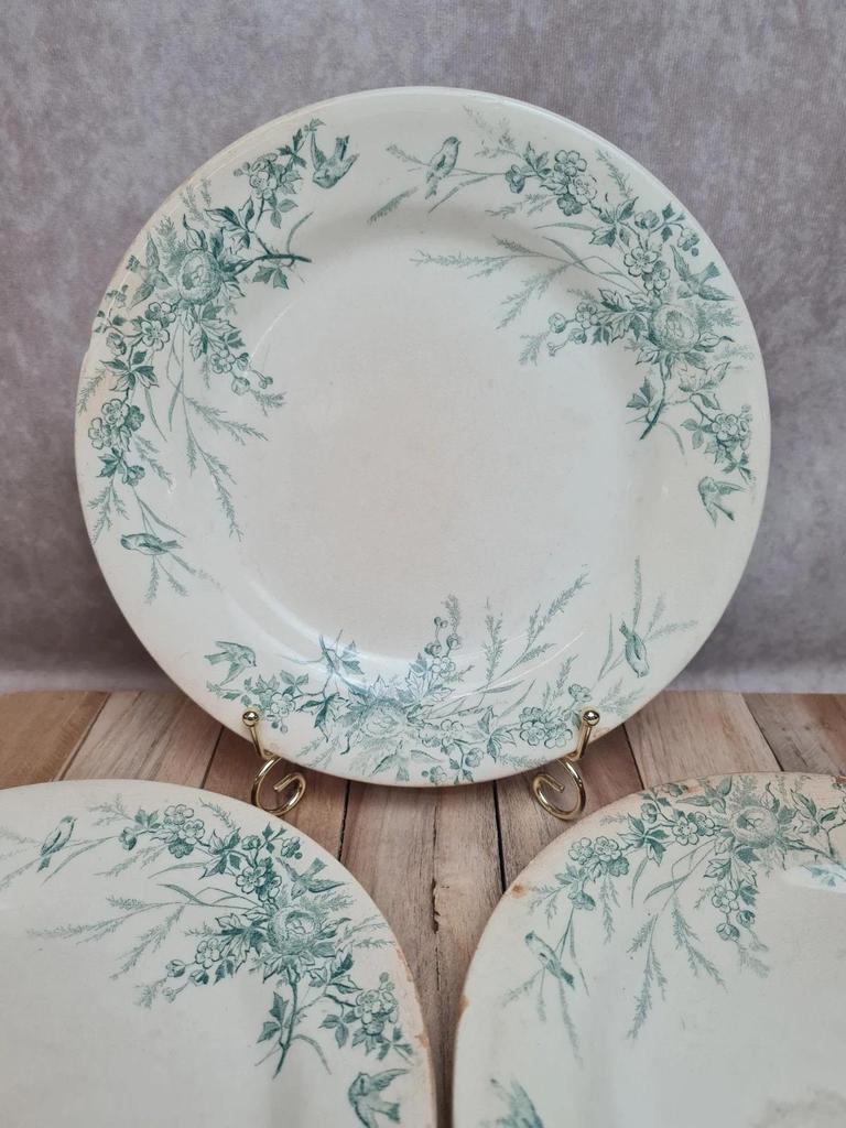 Assiettes Terre de Fer Creil & Montereau Linotte oiseaux vert – lot de 3 anciennes