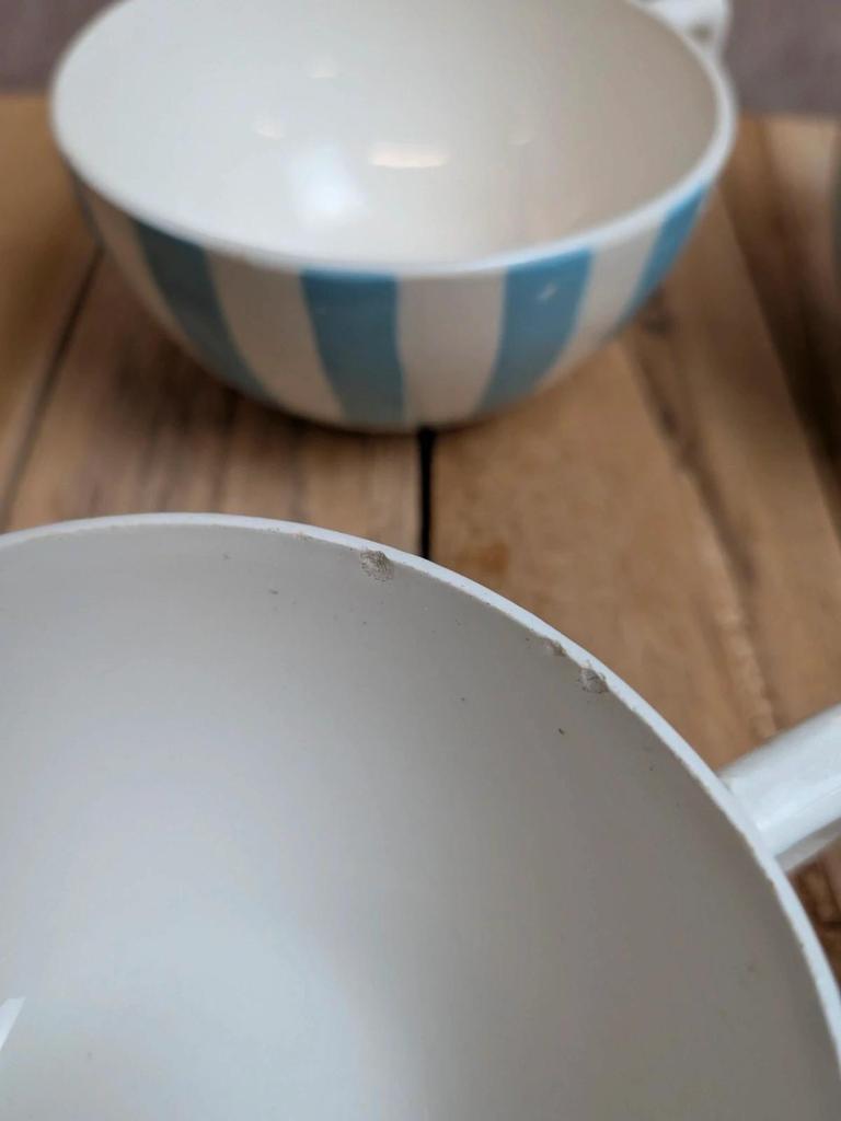 Lot de 6 tasses Terre de Fer Digoin France rayures bleues vintage