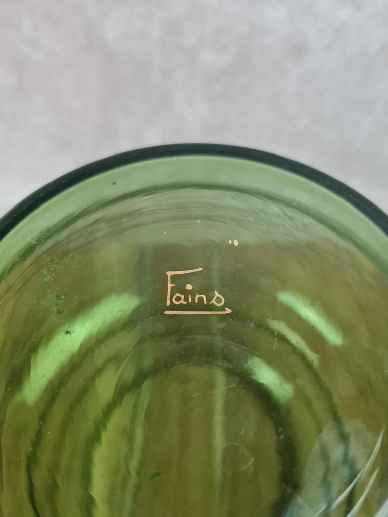 🪞 Grand vase ancien en verre vert doré signé Fains