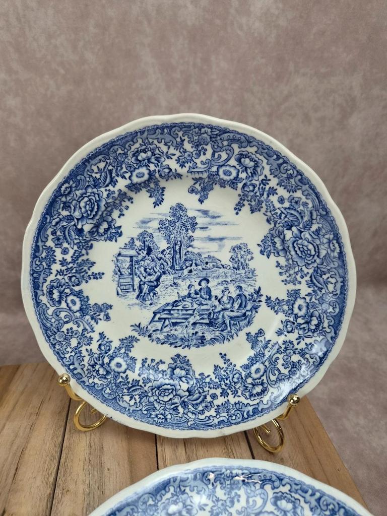 Lot de 4 assiettes à dessert vintage Lunéville modèle English – décor Toile de Jouy bleu
