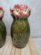 Paire de vases barbotine Francis Mas 🌸 céramique verte fleurs Art nouveau