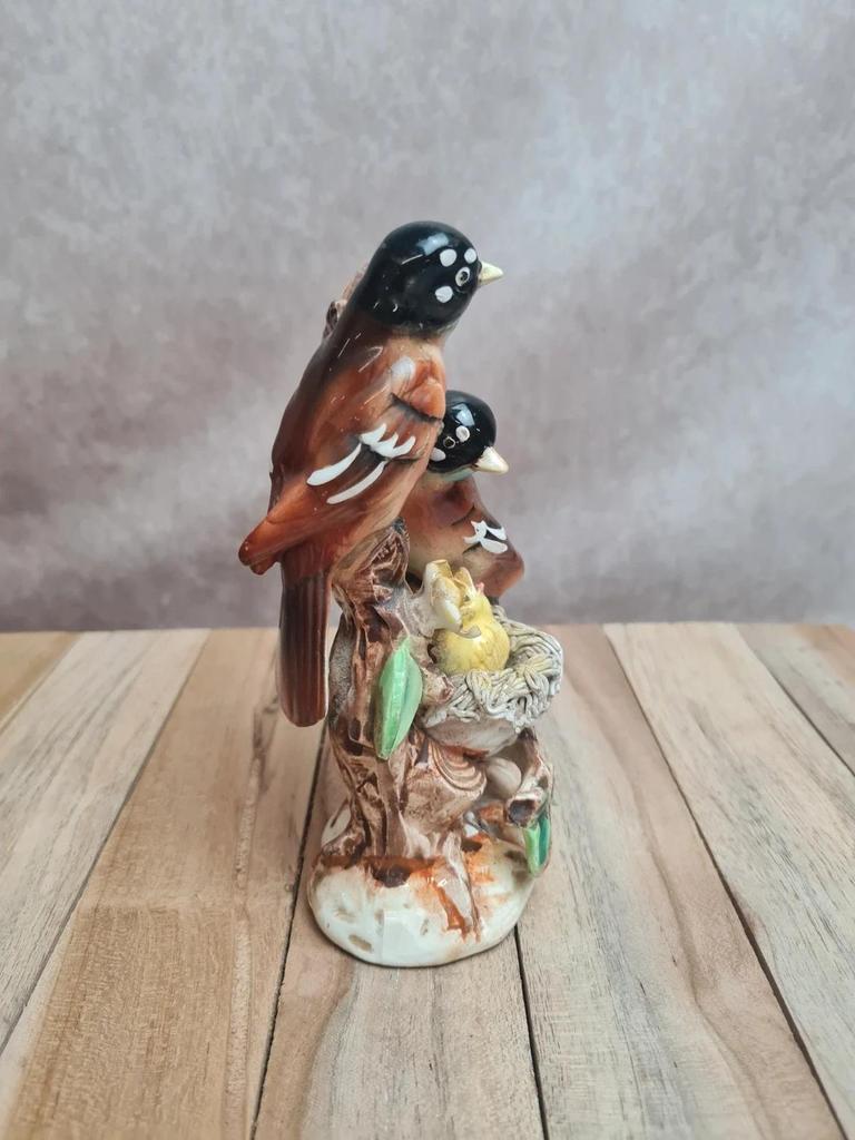 Figurine oiseaux barbotine vintage nid oisillon décor nature