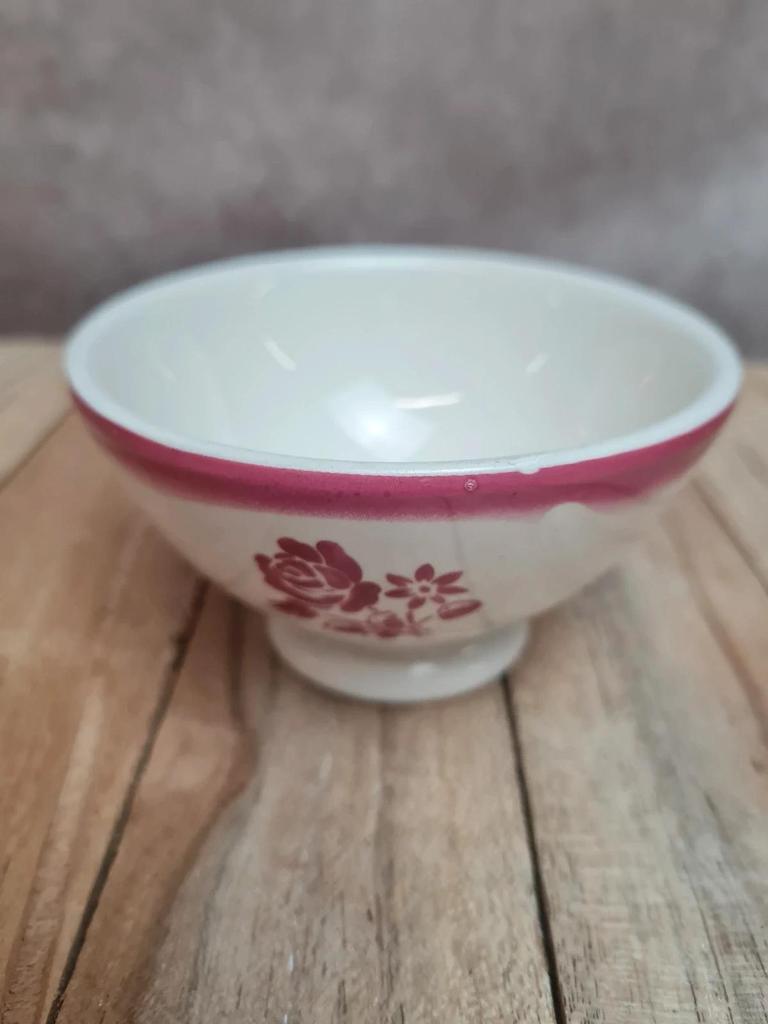 Petit bol ancien de dinette en faïence 🌸 décor floral rose – charme rétro