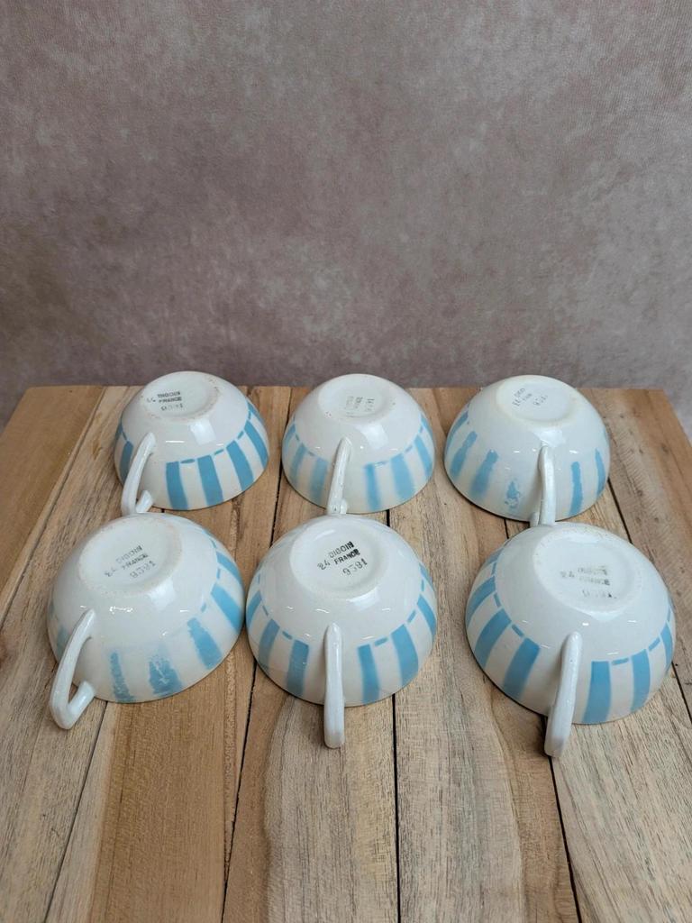 Lot de 6 tasses Terre de Fer Digoin France rayures bleues vintage