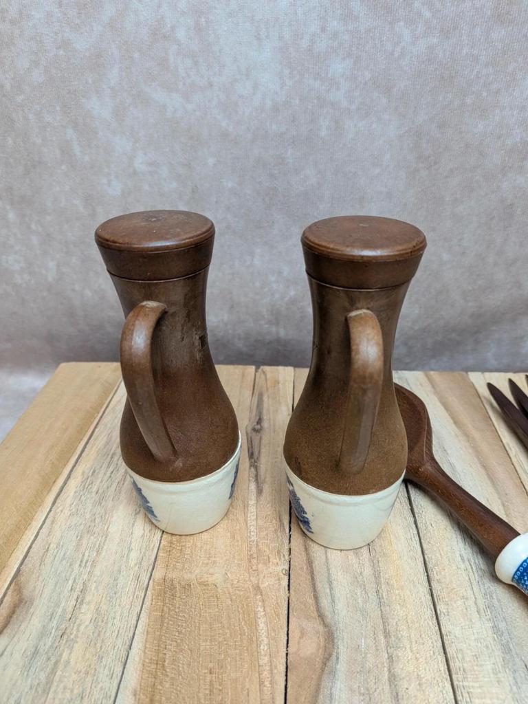 Set à salade vintage céramique & bois – Huilier/vinaigrier + couverts
