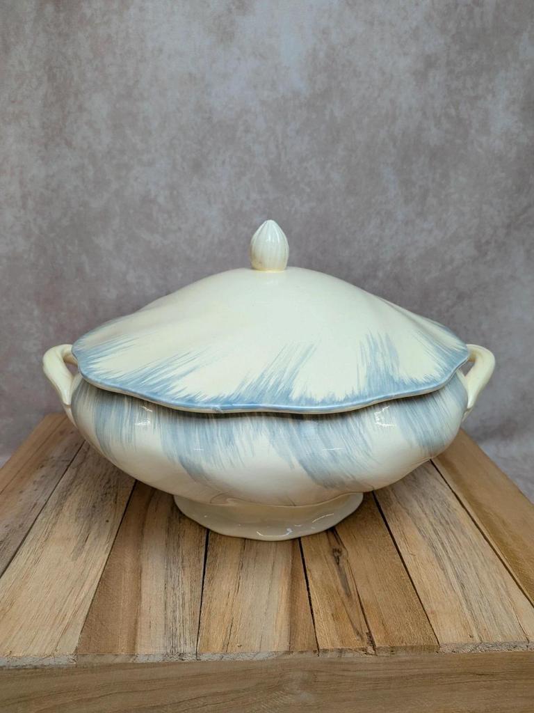 Soupière Terre de fer Salins décor bleu nuagé
