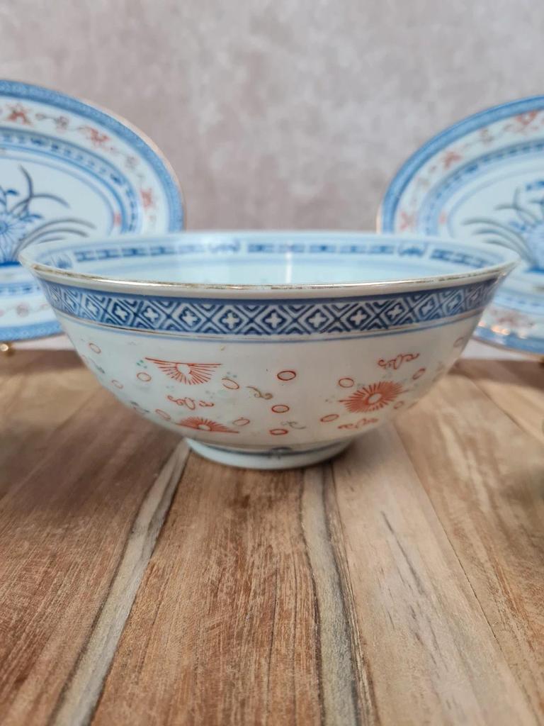 🏺 Ensemble en porcelaine chinoise vintage, décor bleu, rouge et or, 6 pièces