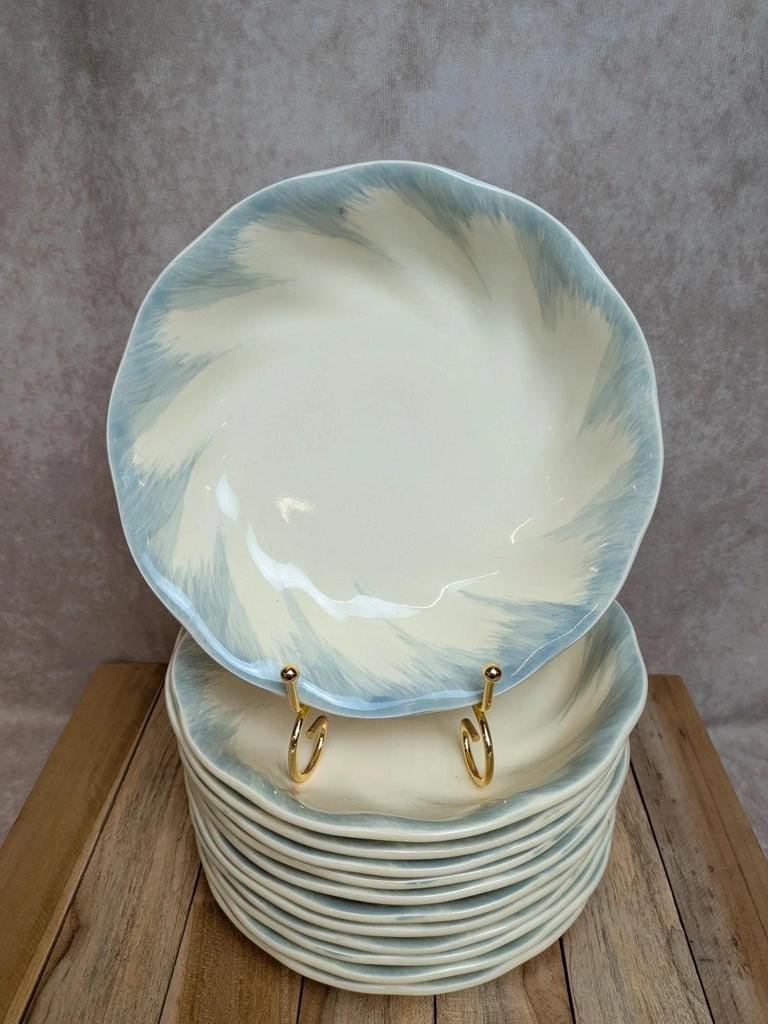 12 assiettes creuses Terre de fer Salins décor bleu nuagé