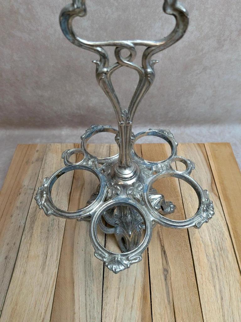 Serviteur huilier-vinaigrier ancien en métal argenté et verre moulé