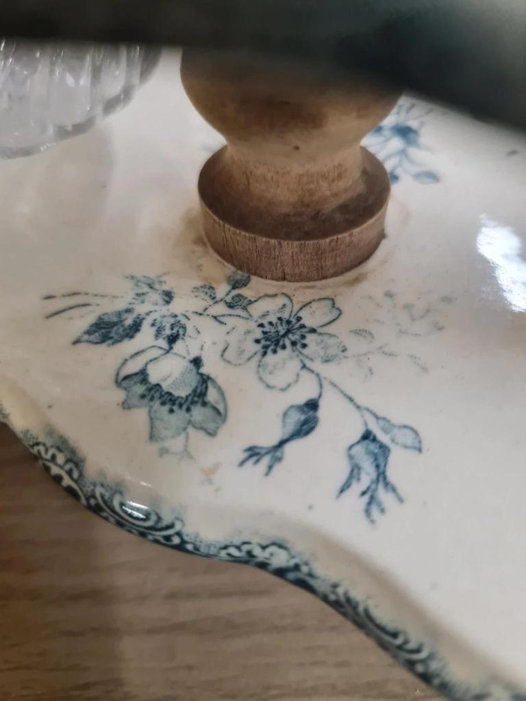 Serviteur huile vinaigre ancien Terre de Fer attribué Gien décor floral bleu 💙