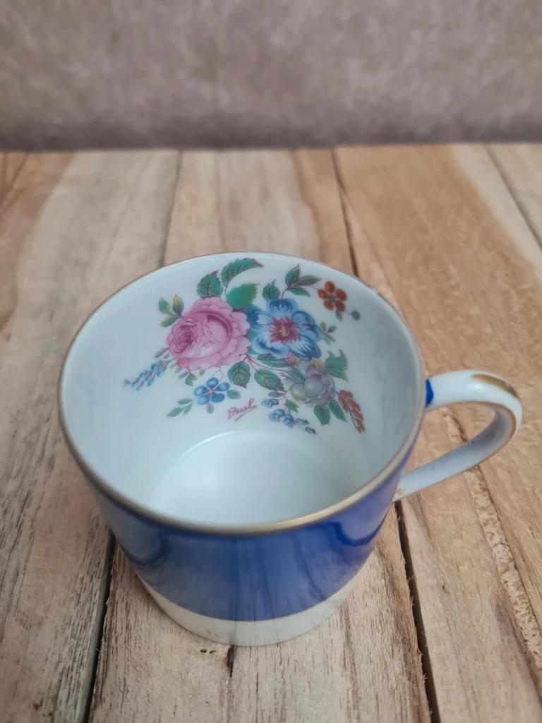 Tasse à moka vintage Robert Haviland & Le Tanneur Limoges bleu cobalt décor floral
