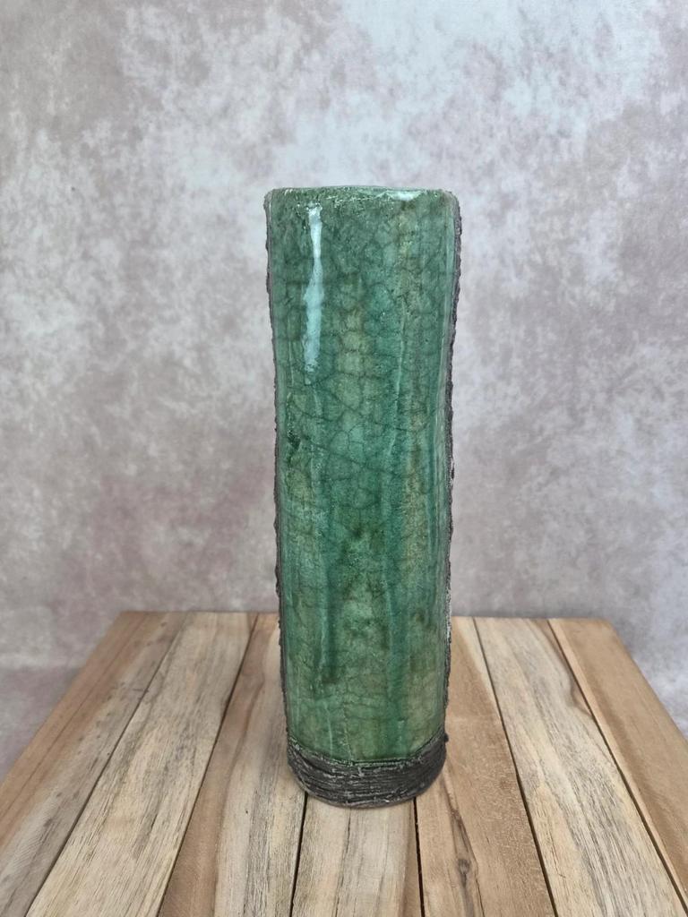 Grand vase d’atelier style raku bleu et vert signé – 30 cm