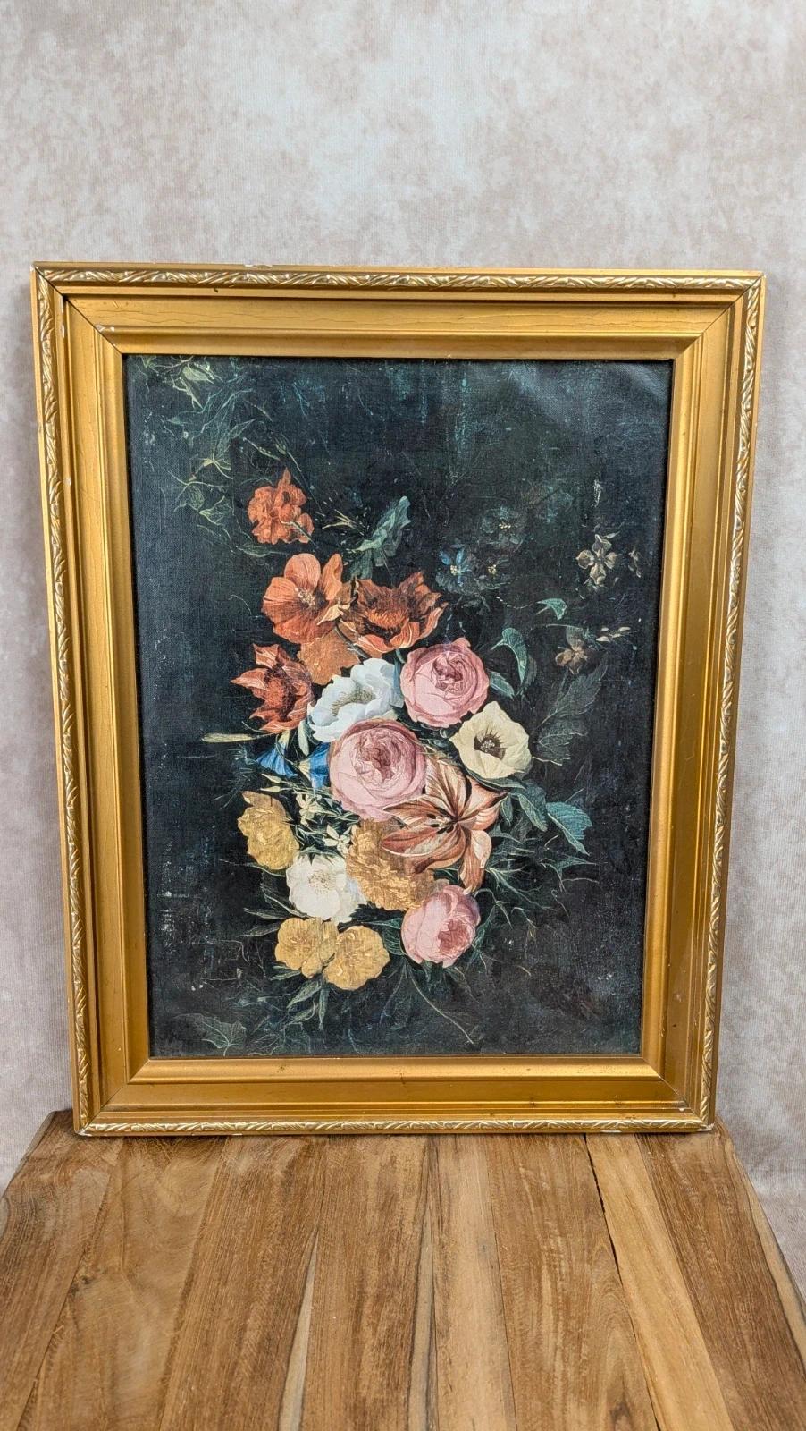 Cadre doré vintage & impression florale sur toile