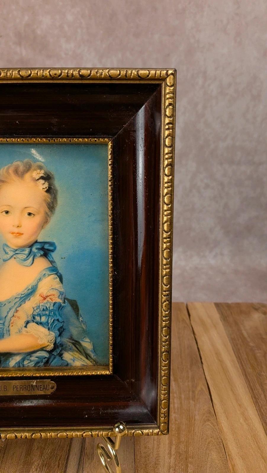 Cadre vintage J.b. Perronneau – portrait enfant & chat