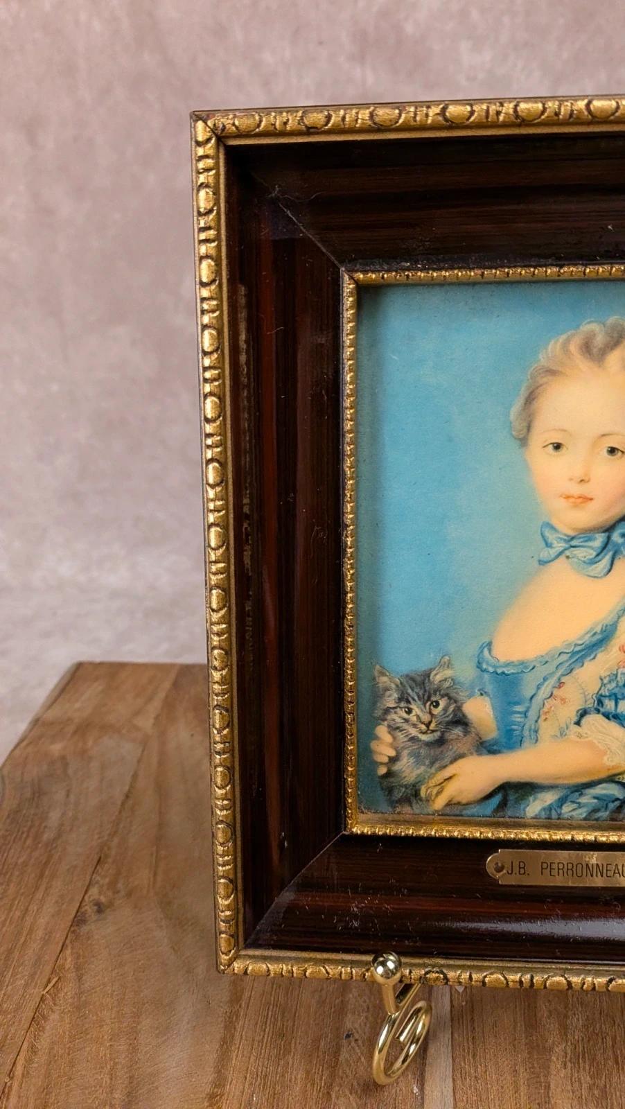 Cadre vintage J.b. Perronneau – portrait enfant & chat