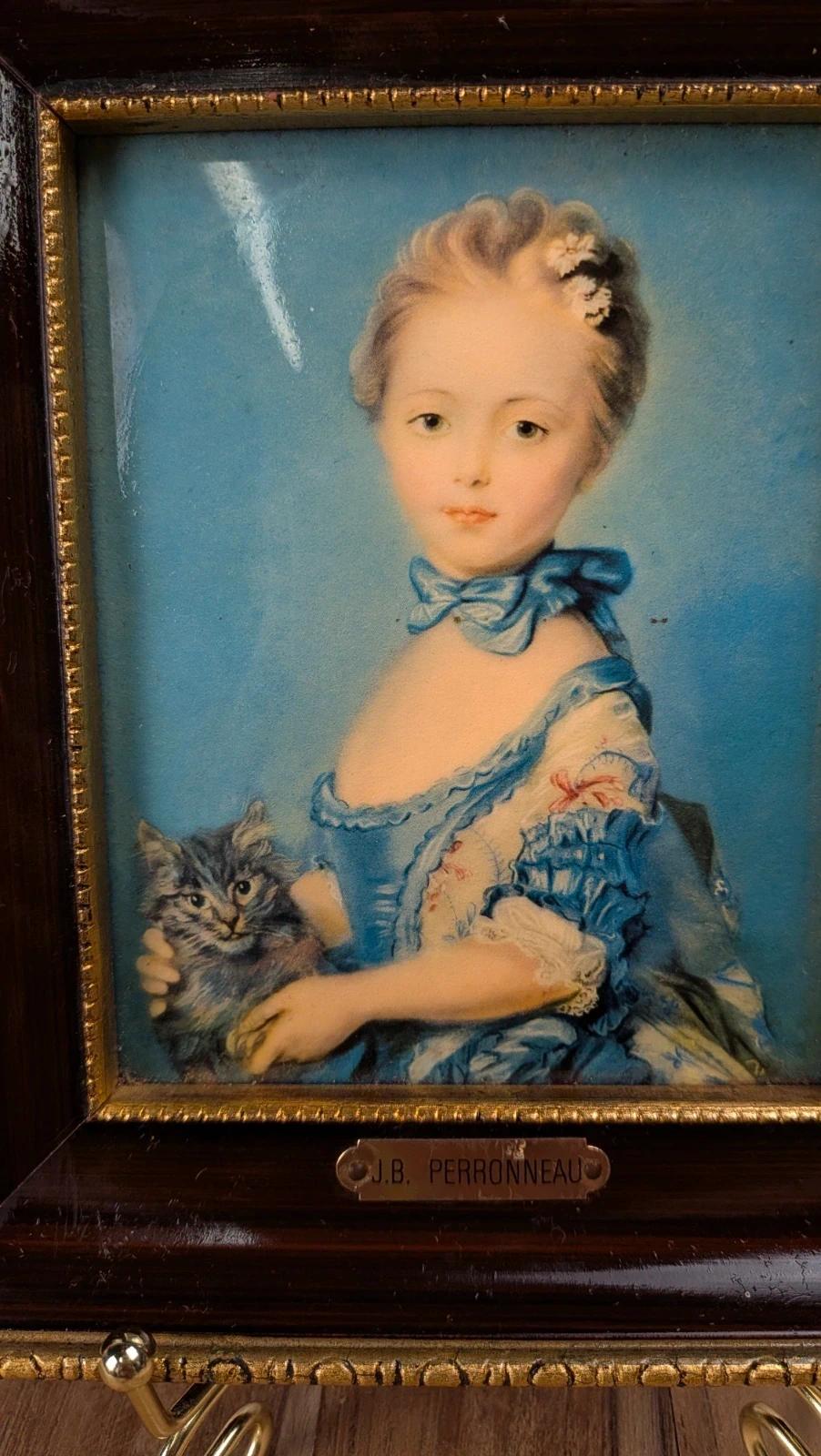 Cadre vintage J.b. Perronneau – portrait enfant & chat