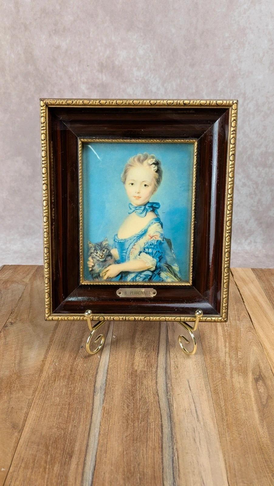 Cadre vintage J.b. Perronneau – portrait enfant & chat
