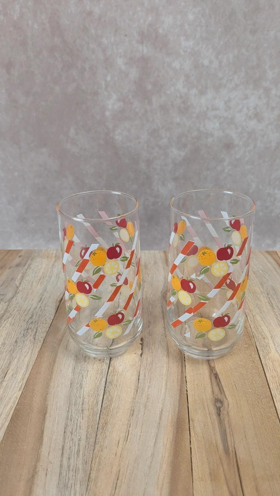Pichet vintage années 70 + 2 verres assortis décor fruits