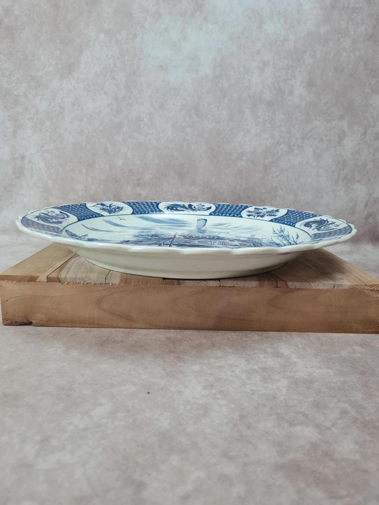 Grand plat décoratif mural bleu et blanc moulins style Delft 41 cm