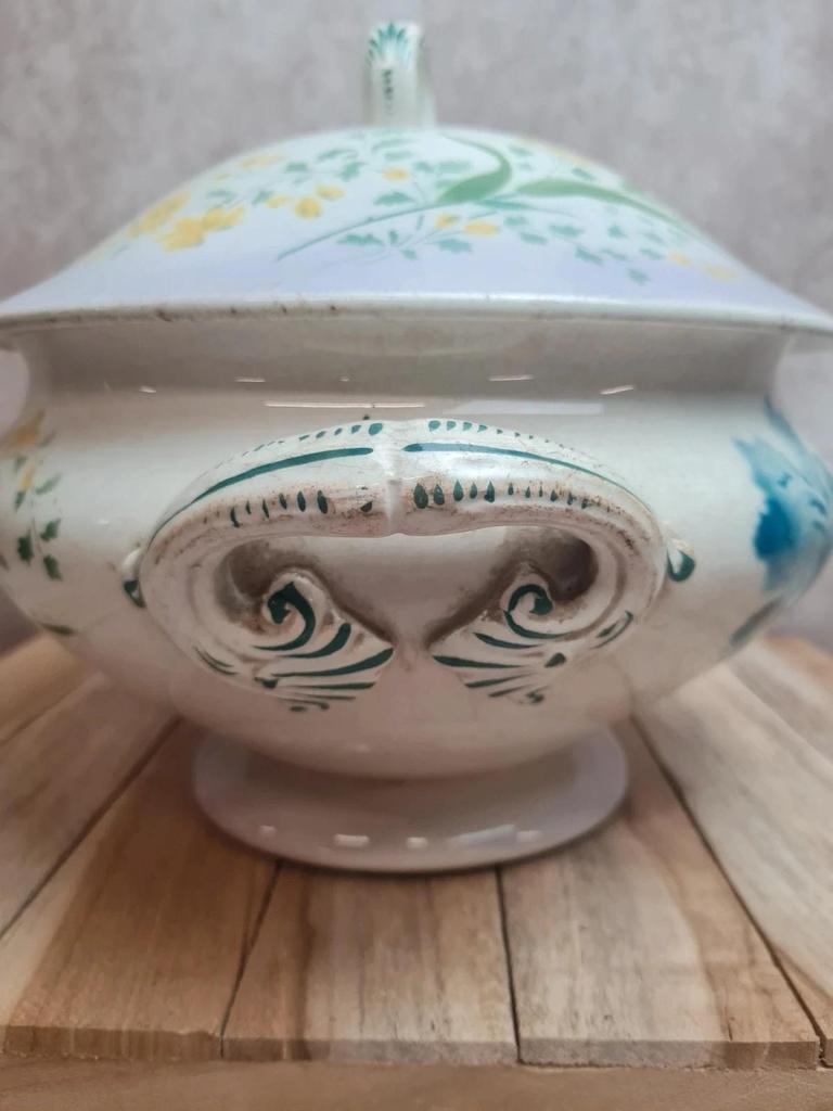 Soupière ancienne terre de fer St Amand Lebacqz Bouchard décor pavot polychrome 💙🌿