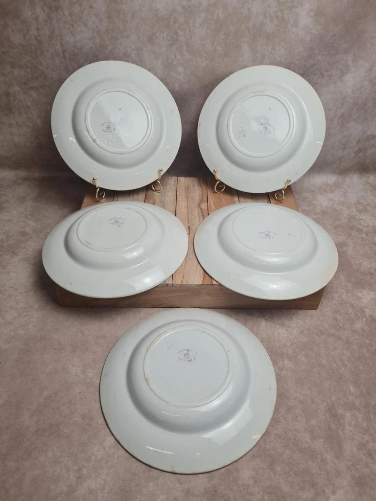 Lot 5 assiettes creuses Terre de Fer Creil & Montereau Service Louis Xv lilas rare
