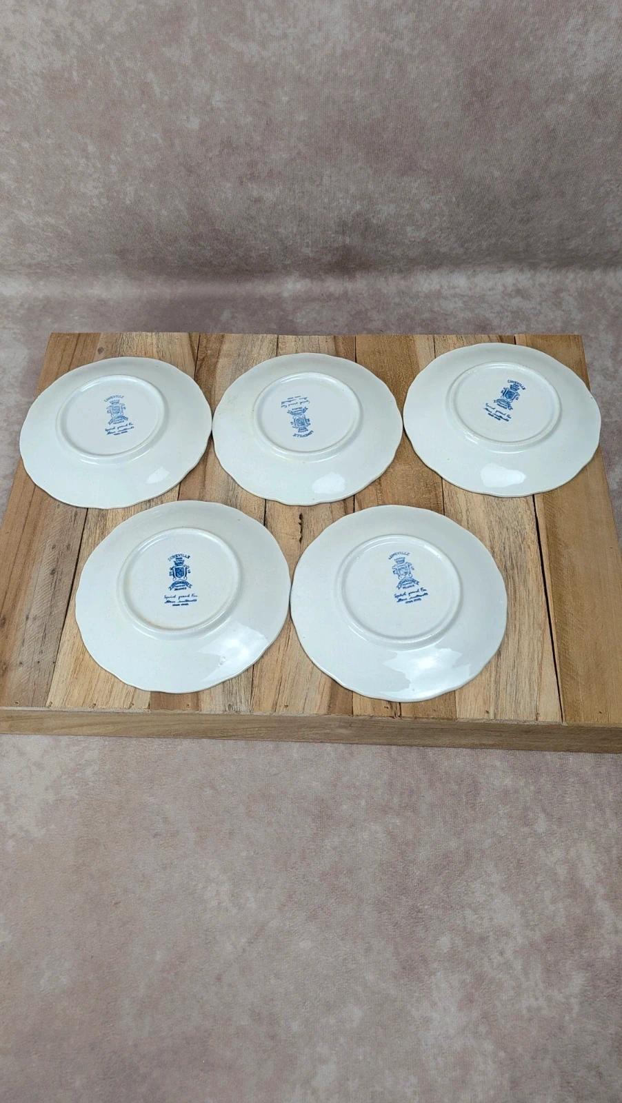 5 soucoupes Lunéville Kg modèle Toile de Jouy bleu –