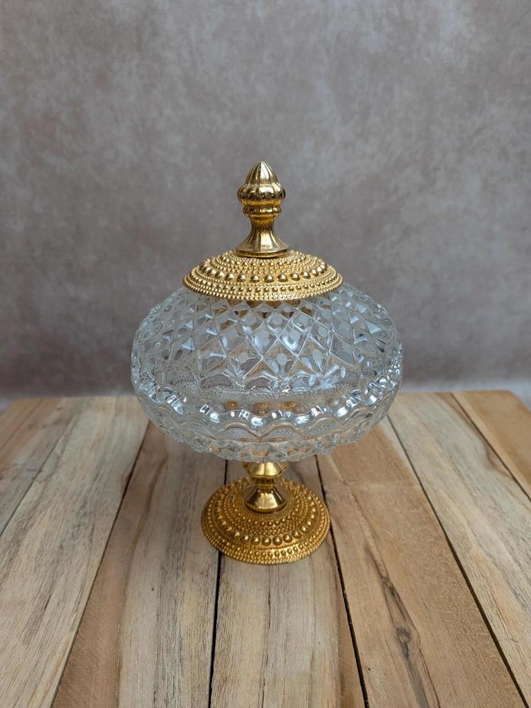 Bonbonnière vintage style Hollywood Regency – verre taillé et métal doré