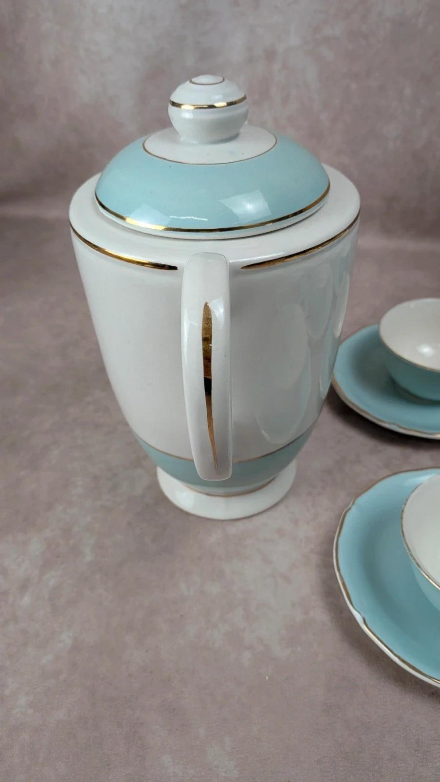 Service à thé vintage bleu céladon – théière Lunéville + 10 tasses Ceranord