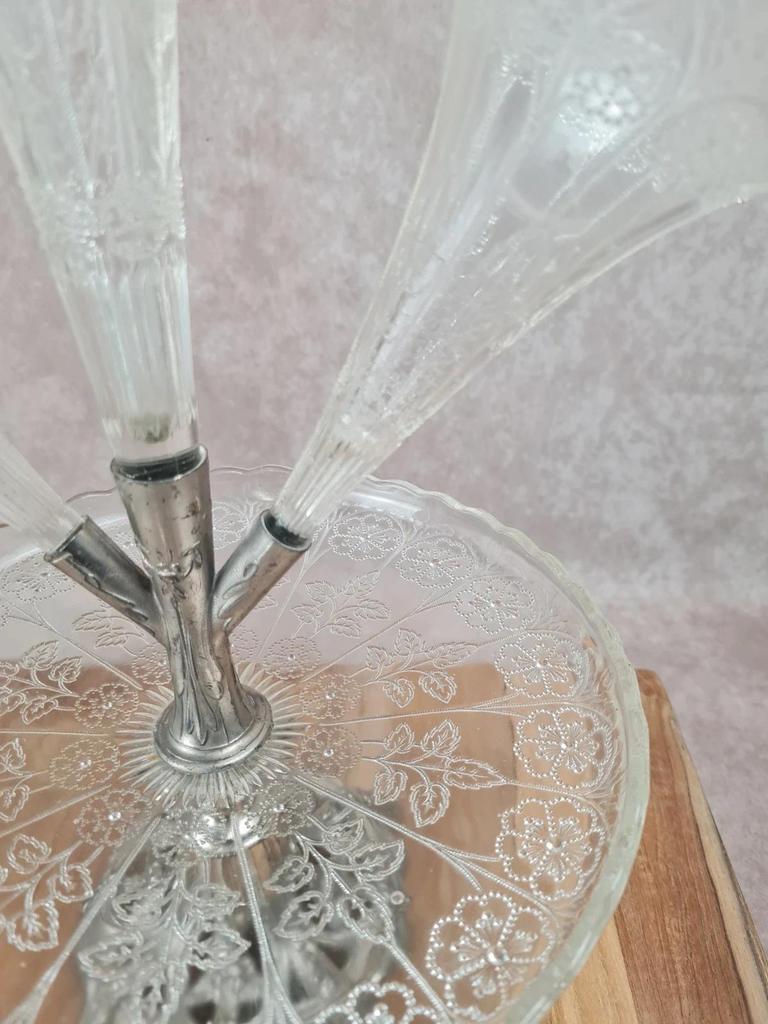 Centre de table ancien Epergne à 3 cornets en verre pressé & métal argenté 🌿💐